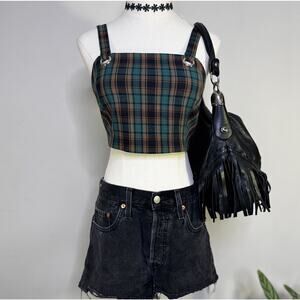 HONEY PUNCH Bella Thorn Green Plaid Crop Cami Zip Back Top Grunge Skater 90s S